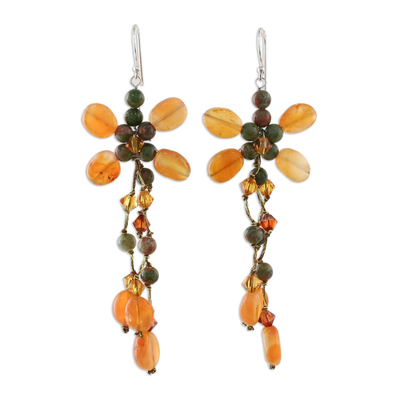 Hand Crafted Carnelian and Unakite Chandelier Earrings