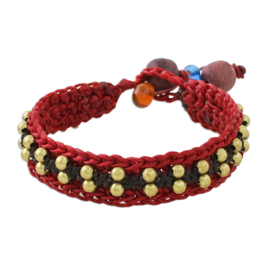 Brass Beaded Wristband Bracelet in Red from Thailand