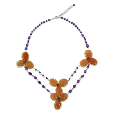 Handmade Carnelian Amethyst Glass Floral Pendant Necklace