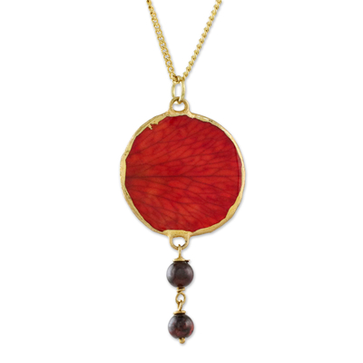 Garnet and Gold Plated Natural Rose Petal Pendant Necklace