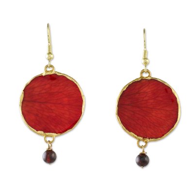 Garnet and Gold Plated Natural Rose Petal Dangle Earrings