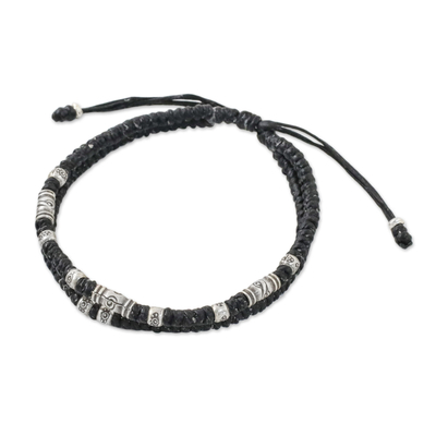 Thai Hill Tribe Style Unisex Silver Beaded Cord Bracelet