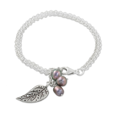 Unique Silver Leaf and Cultured Freshwater Pearl Charm Bracelet