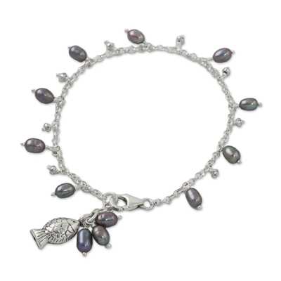 Fish Cultured Pearl Charm Bracelet in Grey from Thailand