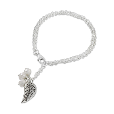 Cultured Pearl Leaf Charm Bracelet in White from Thailand