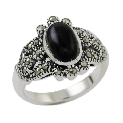 Marcasite and Onyx Cocktail Ring from Thailand