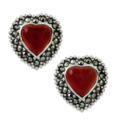 Heart Shaped Enhanced Onyx and Marcasite Button Earrings