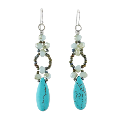 Blue Calcite and Glass Dangle Earrings from Thailand