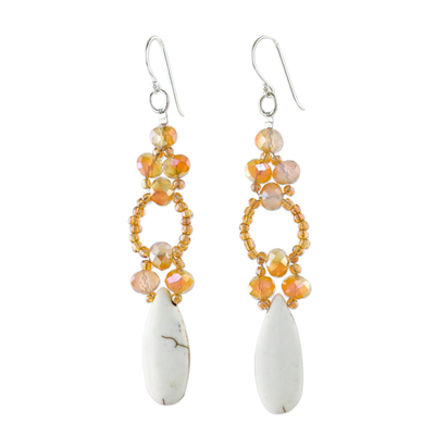 White Calcite and Glass Dangle Earrings from Thailand