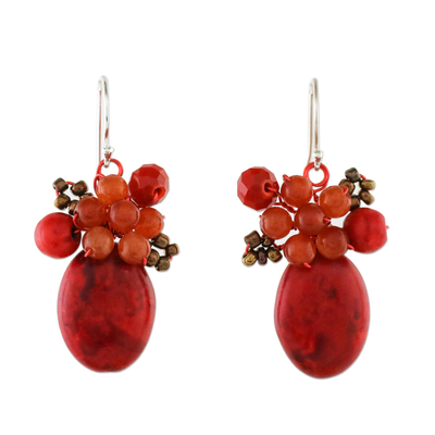 Modern Thai Cluster Earrings with Red Quartz and Calcite