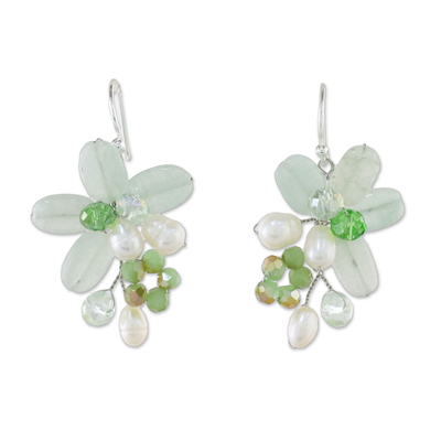 Green Quartz and Pearl Dangle Earrings from Thailand