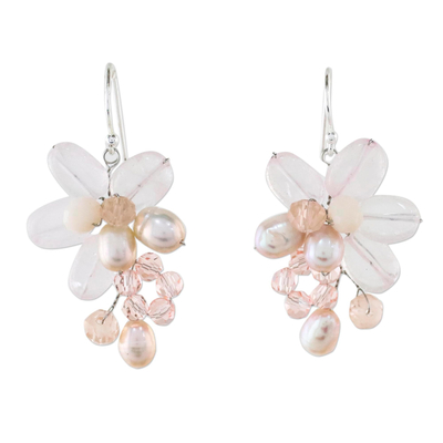 Rose Quartz and Cultured Pearl Dangle Earrings from Thailand