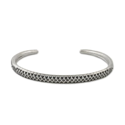 Thai Hill Tribe Stamped Sterling Silver Geometric Cuff Bracelet