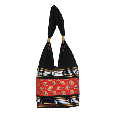 Black and Crimson Cotton Blend Shoulder Bag from Thailand