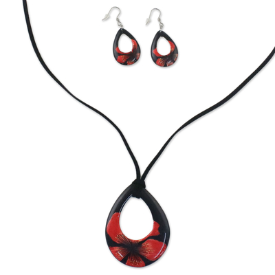 Ceramic Black and Red Pendant Necklace Dangle Earrings Set