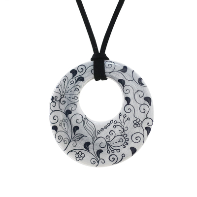 Ceramic Handmade Floral Black and White Pendant Necklace