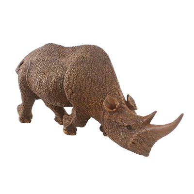 Hand Carved Raintree Wood Rhino Sculpture from Thailand