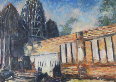 Signed Impressionist Painting of a Temple from Thailand
