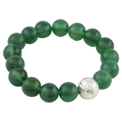 Dyed Green Chalcedony Hammered 950 Silver Beaded Bracelet
