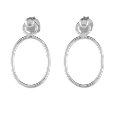 925 Sterling Silver Oval Frame Dangle Earrings with Posts