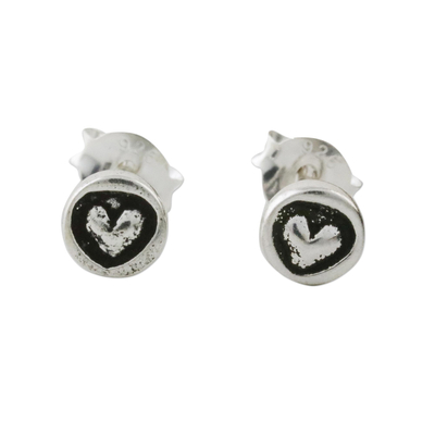 Sterling Silver Circle Frame Petite Heart Stud Earrings