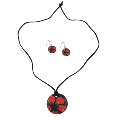 Handmade Red Floral Ceramic Necklace and Earring Set