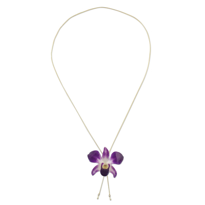 Genuine Purple Orchid Resin Pendant Necklace with Gold Chain