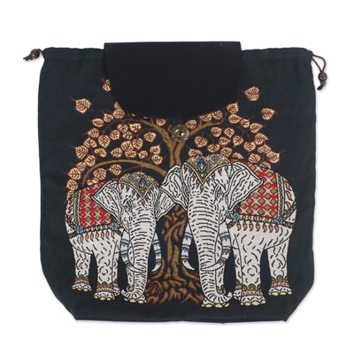 Embroidered Elephant and Tree Cotton Drawstring Backpack
