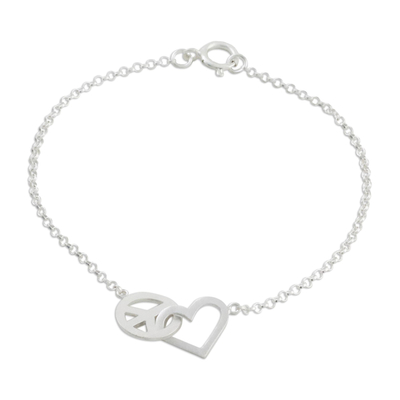 Heart and Peace Sterling Silver Pendant Wristband Bracelet