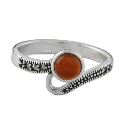 Thai Sterling Silver Marcasite and Orange Onyx Dotted Ring