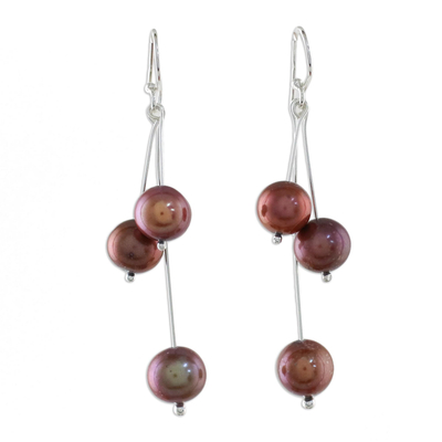 Red Cultured Pearl and Sterling Silver Dangle Earrings