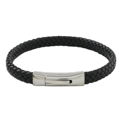 Leather Braided Wristband Bracelet in Black from Thailand