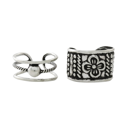 Floral and Rope Motif Sterling Silver Ear Cuffs