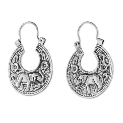 Elephant-Themed Sterling Silver Hoop Earrings from Thailand