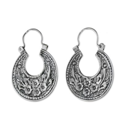 Floral Sterling Silver Hoop Earrings from Thailand