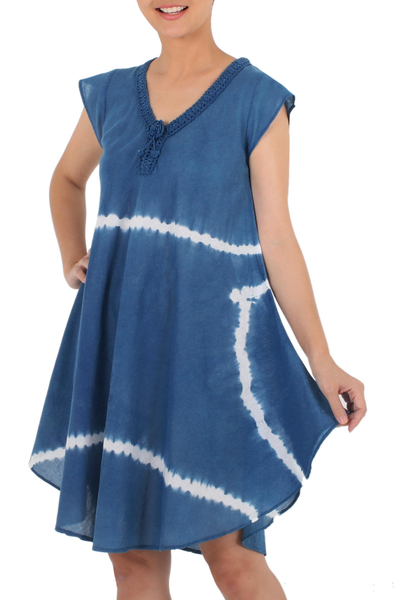 Denim Blue White Stripe Tie-Dye Cap Sleeve Cotton Dress