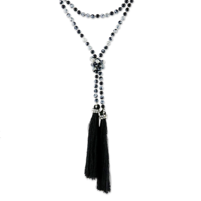 Agate Beaded Lariat Necklace in Black from Thailand