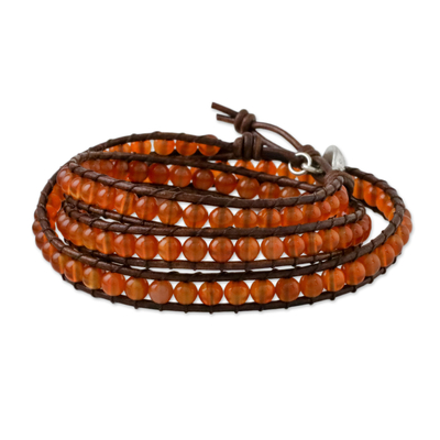 Carnelian and Leather Beaded Wrap Bracelet from Thailand