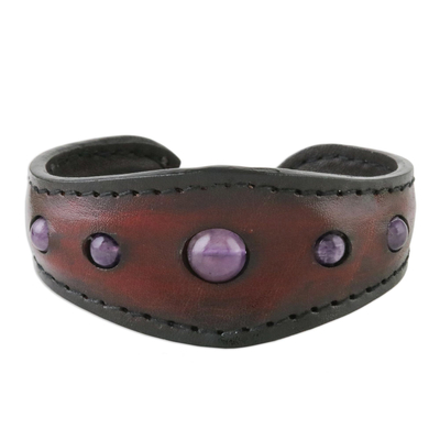 Amethyst and Leather Cuff Bracelet from Thailand