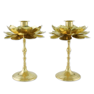 Brass Lotus Flower Table Decor Candlesticks (Pair)