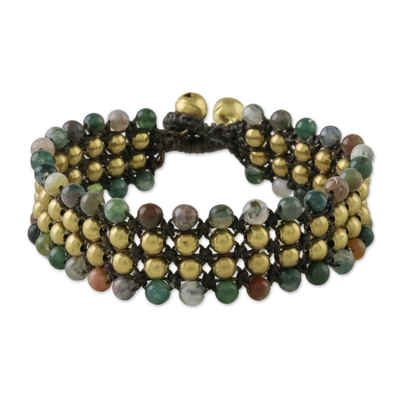 Agate and Brass Beaded Wristband Bracelet from Thailand