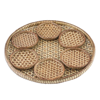Handcrafted Woven Flower Rattan Coasters and Tray (Set of 7)