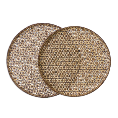 Set of 2 Handcrafted Woven Flower Motif Thai Rattan Trays