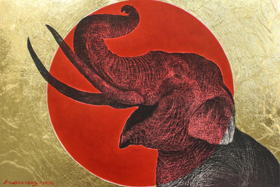Signed Painting of an Elephant Against the Sun