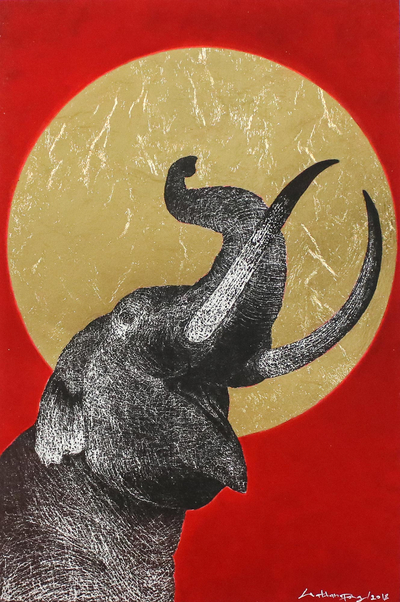 Signed Painting of an Elephant with a Golden Sun
