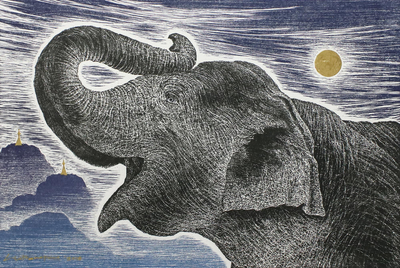 Signed Painting of an Elephant and Landscape from Thailand