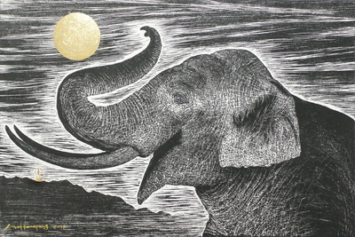 Signed Painting of an Elephant in Black and White