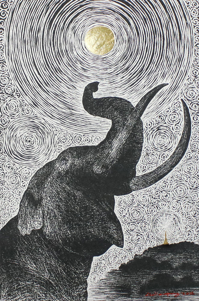 Signed Painting of an Elephant and Moon from Thaialnd