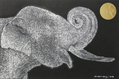 Signed Painting of an Elephant with a Golden Moon