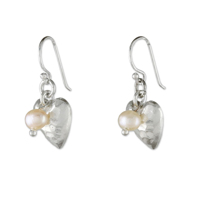 Cultured Pearl and Silver Heart Earrings from Thailand